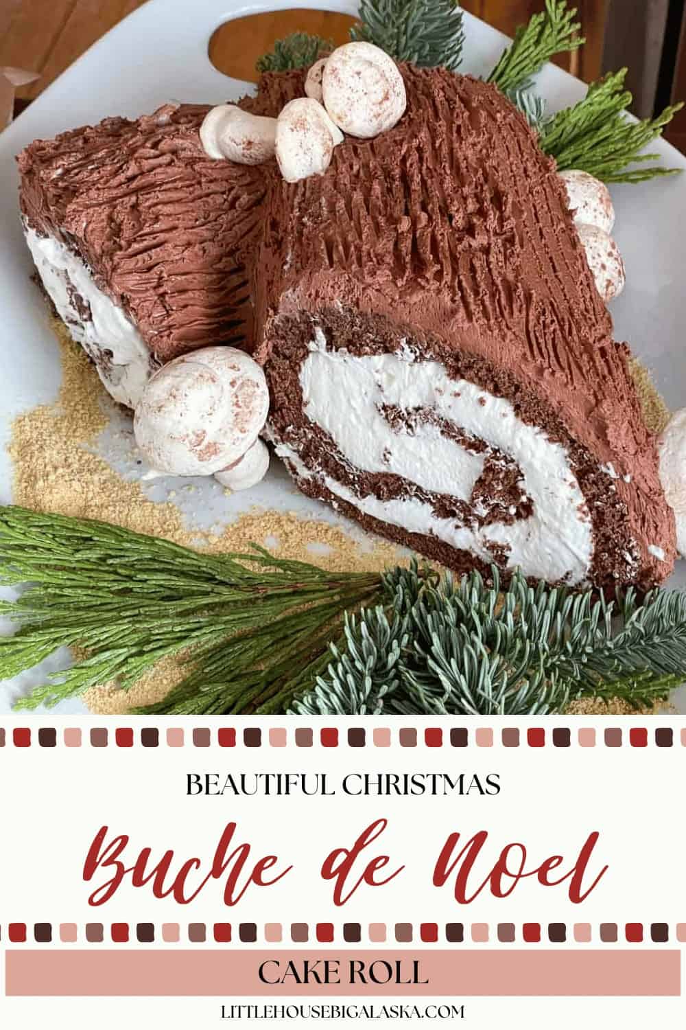 A classic Bûche de Noël cake roll with cream filling, decorated with meringue mushrooms and greenery, displayed on a white platter.
