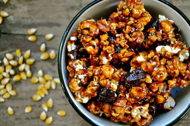 A bowl of spicy caramel bacon popcorn.
