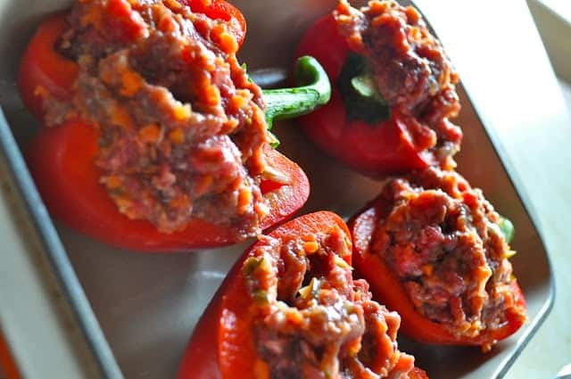Bell peppers stuffed with meatloaf filling.