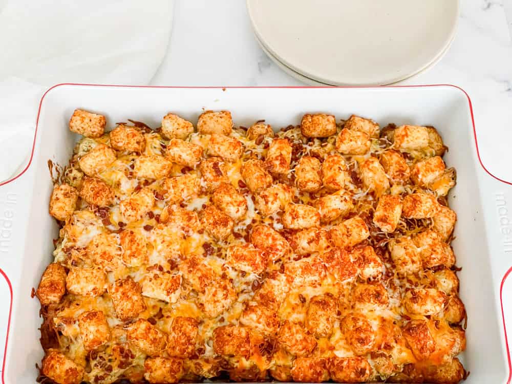 Baked Tater Tot casserole with bacon and chicken.