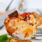 A single bite of chicken bacon ranch tater tot casserole.