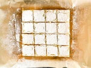Classic lemon bars cut in squares and sprinkled with powdered sugar.
