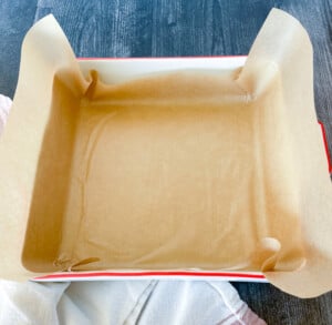 Buttered baking pan lined with parchment paper.