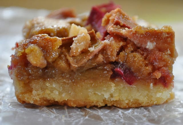 Rhubarb dream bars showing its beautiful layers.