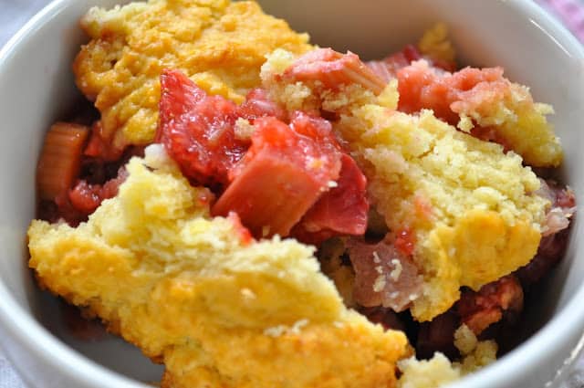 Crock Pot Strawberry Rhubarb Cobbler in a bowl.