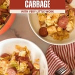 Bowls of Smothered Cabbage with Smoked Sausage are served next to a striped napkin, fork, and a red Dutch oven.