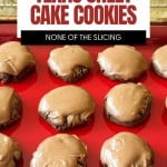 A tray of Texas Sheet Cake Cookies topped with rich chocolate icing, labeled “Texas Sheet Cake Cookies” and featuring a website link at the bottom.