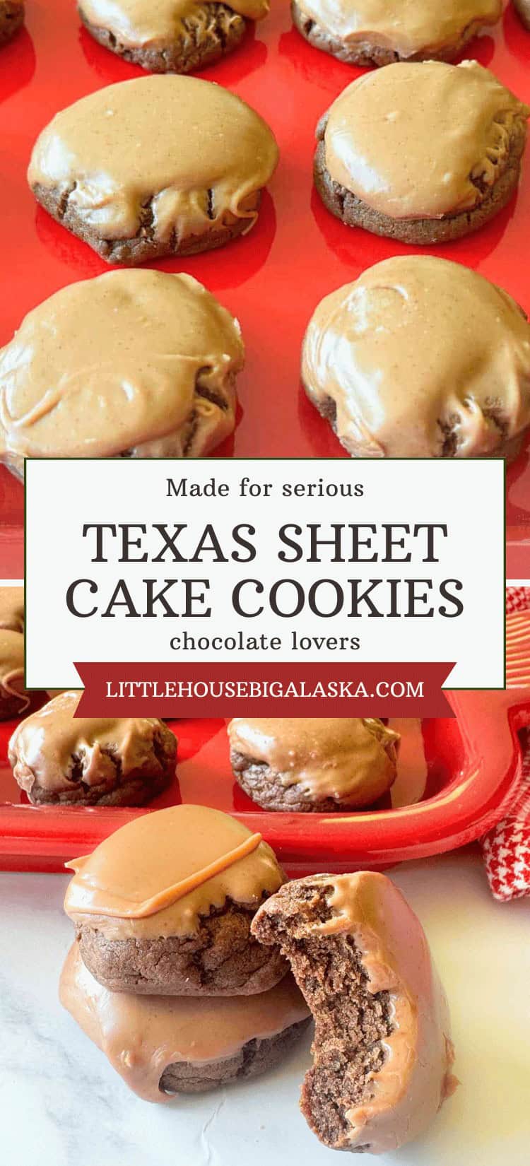 A tray of rich Texas Sheet Cake Cookies topped with glossy chocolate icing, with one cookie on a plate showing a tempting bite taken out.