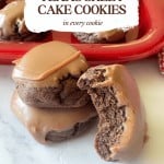 A plate of Texas Sheet Cake Cookies with a thick chocolate glaze; one cookie is broken in half to reveal the fudgy inside. Text overlay reads "Texas Sheet Cake Cookies.