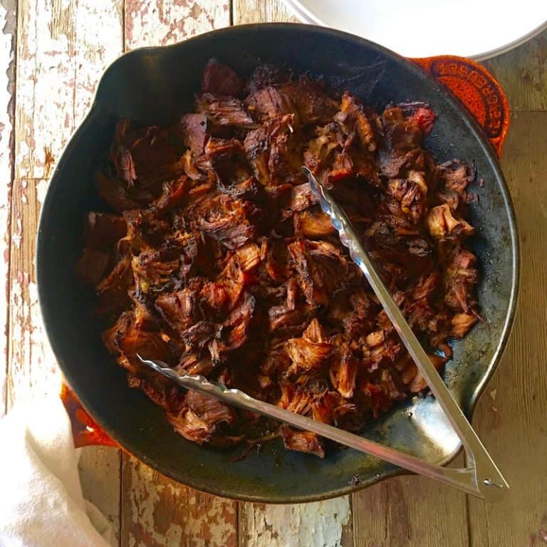 Slow Cooker Beef Carnitas in a skillet.