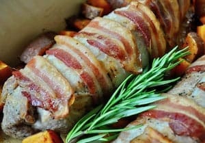 recipe for Bacon Wrapped Pork Tenderloin with Roasted Sweet Potatoes Main Dish DInner