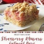 A plate holds a crumbly oat-layered bar with a pink fruit center. The text describes this dessert as "Strawberry Rhubarb Bars," highlighting its sweet and tangy appeal among classic strawberry bars.
