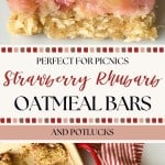 A closeup of a Strawberry Rhubarb Bar, with a baking dish of more strawberry bars, a striped towel, and blue and white plates in the background.