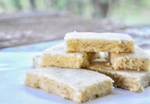 Stack of spruce tip shortbread cookies.