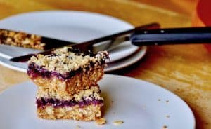 Stack of blueberry oatmeal bars.