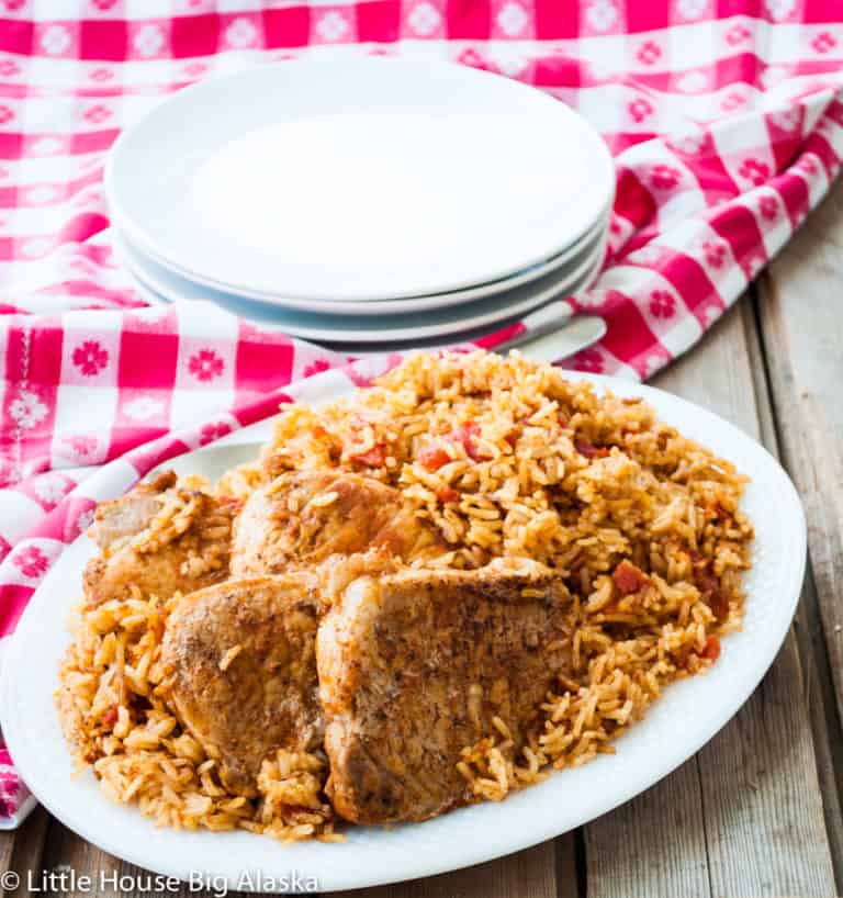 Clear photo of Instant Pot Spanish Rice with Pork Chops.