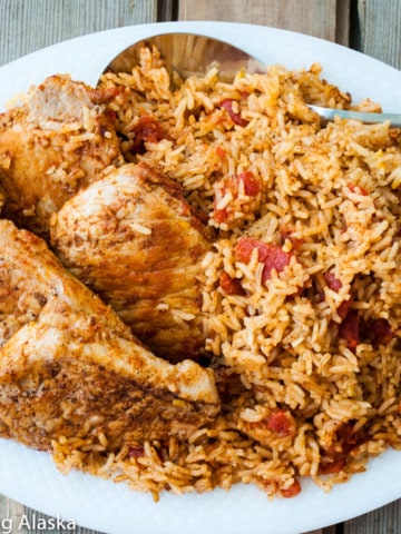 overhead view of Instant Pot Spanish Rice with Pork Chops