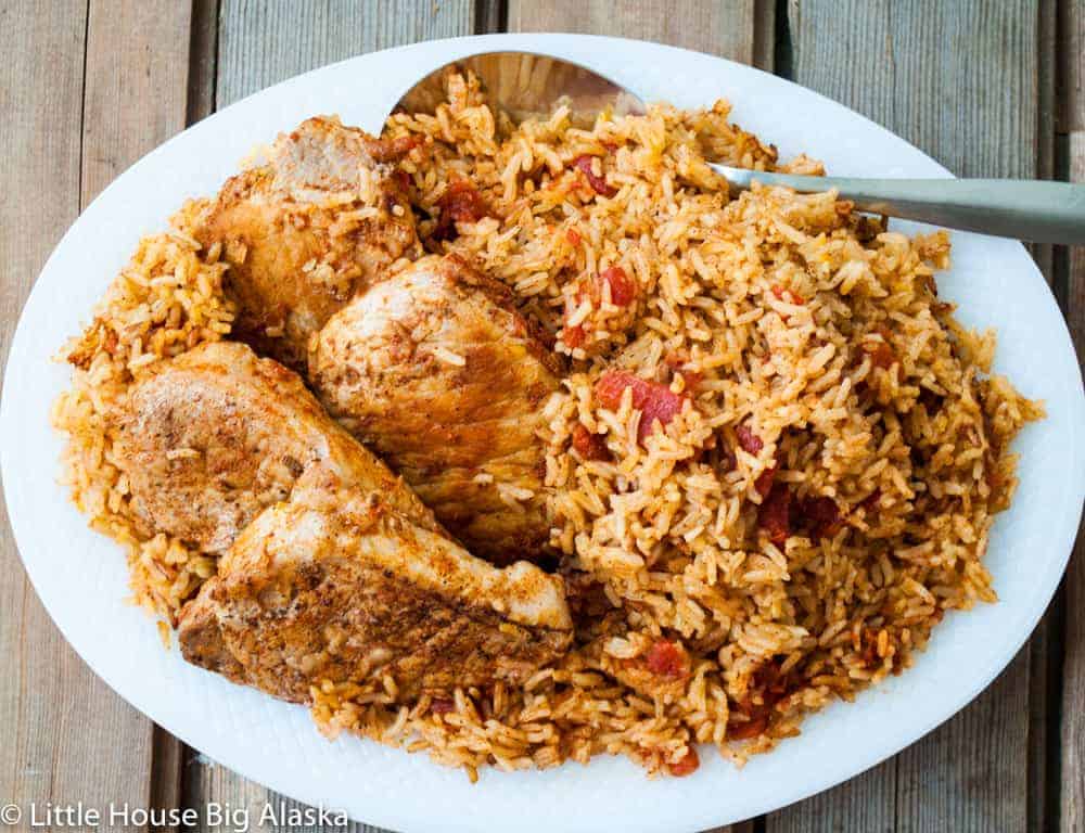 overhead view of Instant Pot Spanish Rice with Pork Chops