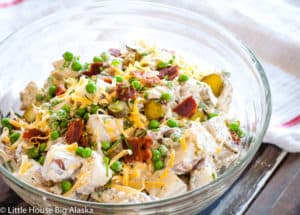 A bowl of potato salad with all the goodies.