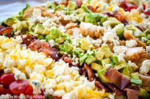 Close-up photo of classic cobb salad in a platter.