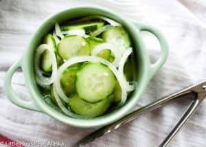 A bowl of cucumber onion salad, a simple summer dish.