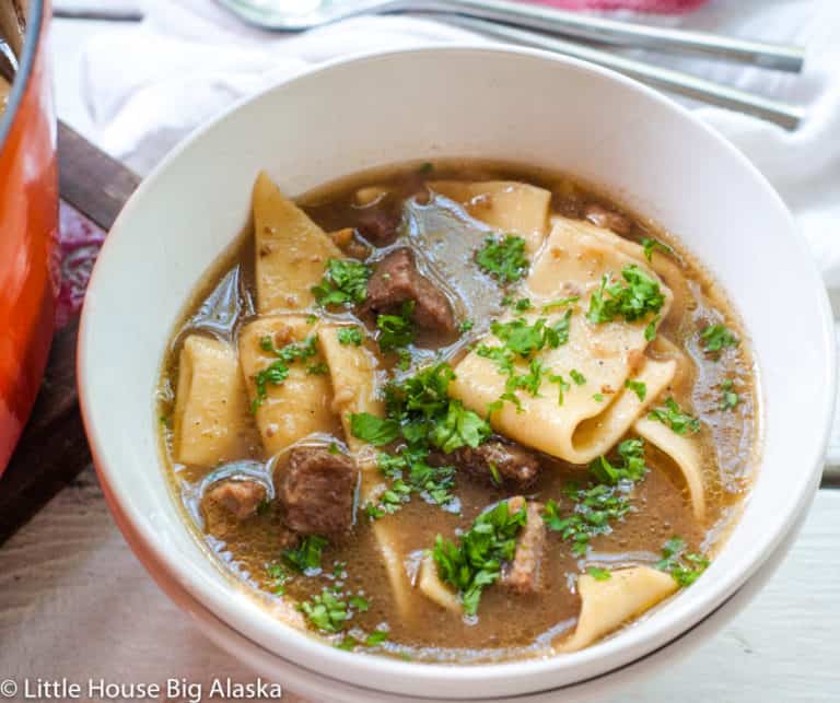 A bowl of homemade beef and noodles.