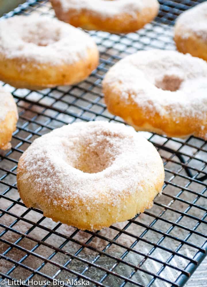 Baked apple cinnamon doughnuts in a wire rack.