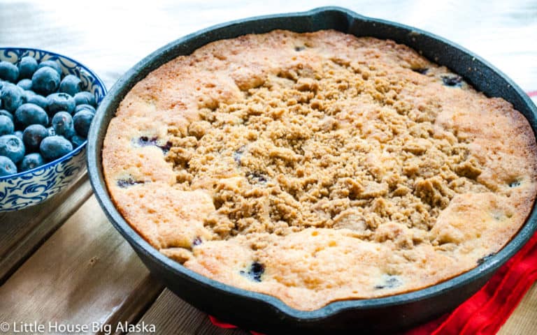 Blueberry coffee cake with streusel and fresh blueberries on the side.