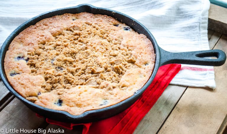 Blueberry coffee cake with streusel in a skillet.