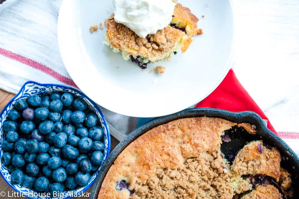 Blueberry coffee cake with streusel in a skillet.