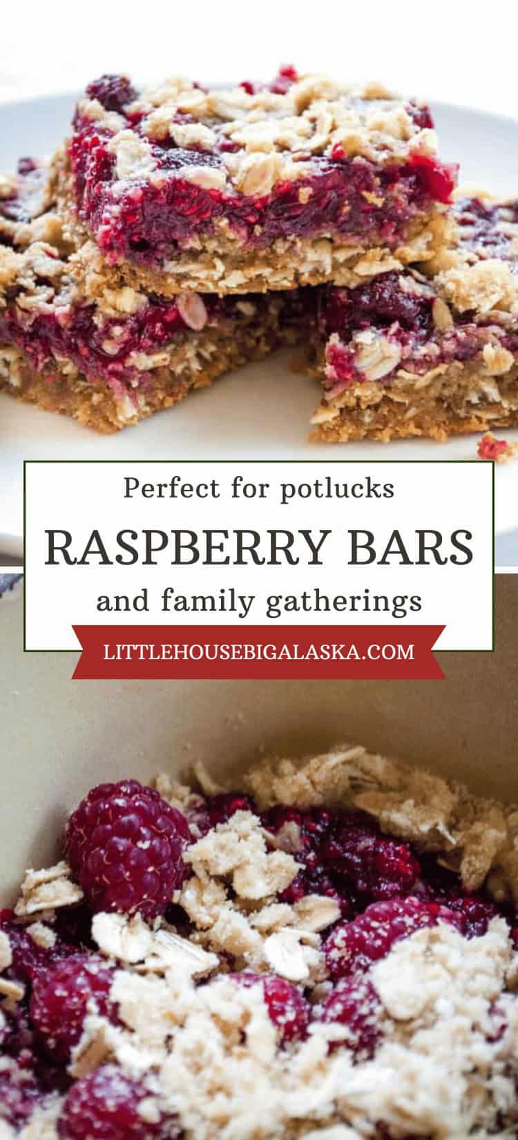 Close-up of Raspberry Bars stacked on a plate beside a bowl of raspberry oat mixture, perfect for potlucks and family gatherings.