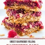 Three stacked Raspberry Bars with oat layers and sweet raspberry filling, set on a white background. A fresh raspberry in front highlights the dessert’s vibrant appeal. Text: “Raspberry Bars.”.