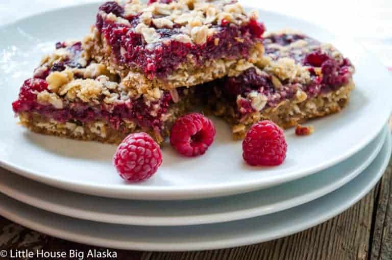 Stack of raspberry bars showing its layers with fresh raspberry in front served on a plate.
