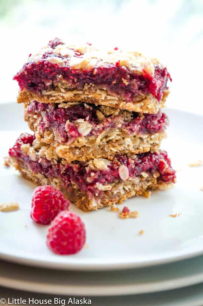 Stack of raspberry bars showing its layers with fresh raspberry in front served on a plate.