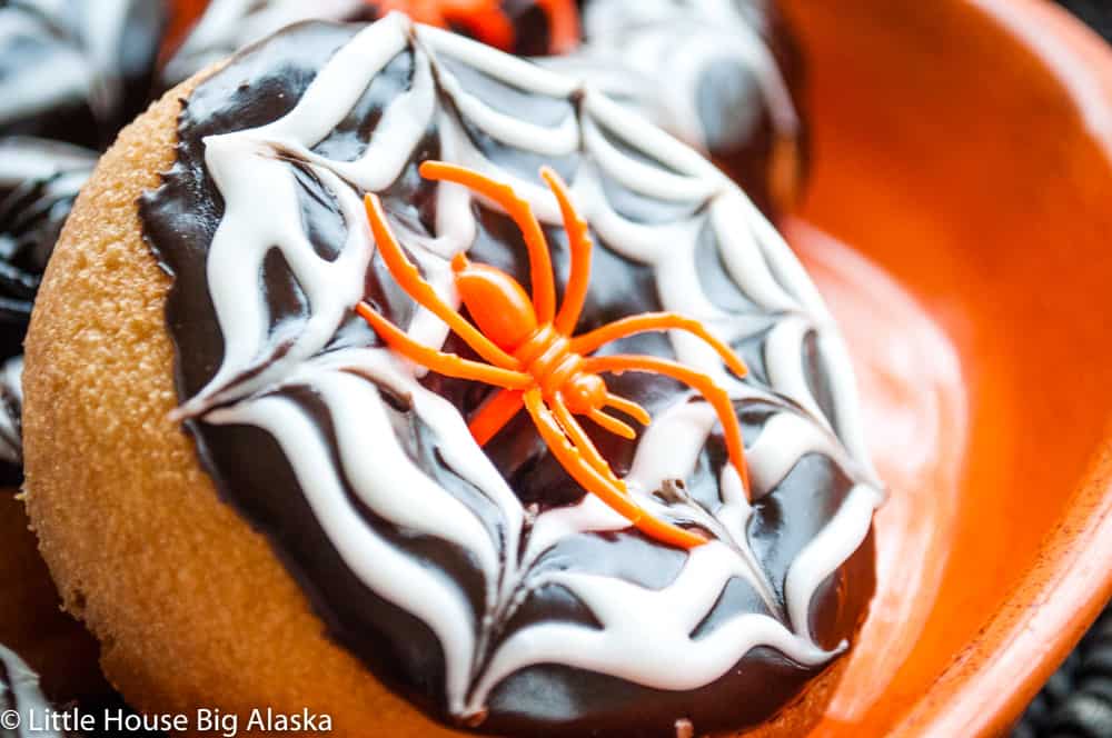 single Halloween Doughnut with icing edible spider web