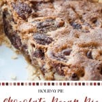 A close-up of a slice of chocolate pecan pie with a golden brown crust and visible pecans and chocolate pieces, showcasing the rich texture found in this Chocolate Pecan Pie Recipe.