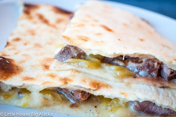 Quesadilla with prime rib roast leftovers.