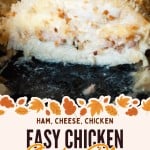 Close-up of a slice from this Easy Chicken Cordon Bleu Recipe, topped with golden breadcrumbs, with savory layers of ham and swiss chicken visible inside. Decorative fall leaves border the text overlay promoting this delicious baked cordon bleu dish.