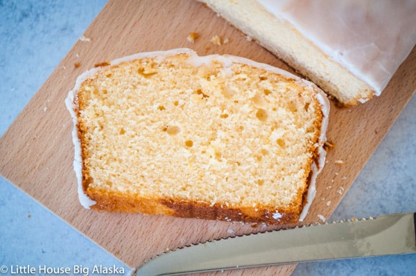 a slice of iced grapefruit pound cake
