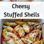 Pin for cheese and spinach stuffed shells recipe.