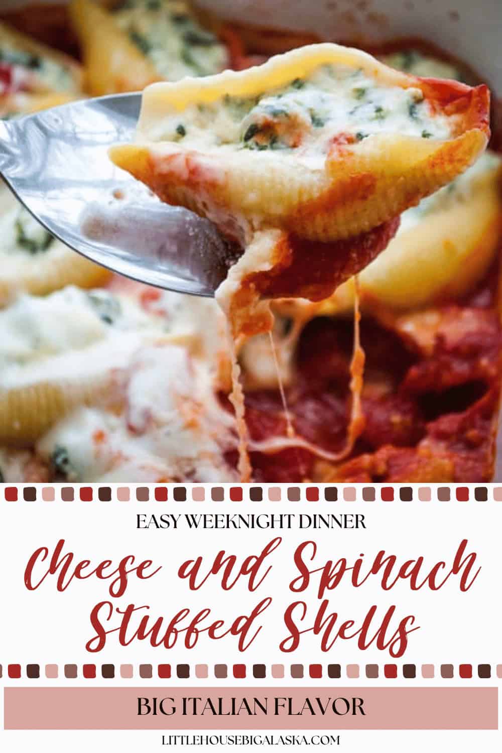 A close-up of a Spinach Stuffed Shell being lifted from a baking dish filled with rich tomato sauce and more cheese stuffed shells, perfectly capturing the deliciousness of this classic stuffed shells recipe.