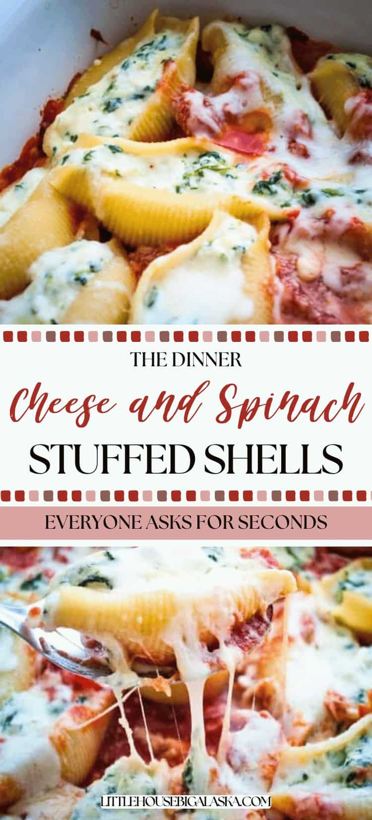 Baked pasta shells stuffed with cheese and spinach, topped with melted cheese and tomato sauce, served in a white dish—this classic Cheese Stuffed Shells recipe is a comforting favorite for any occasion.