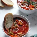 Close-up of vegan minestrone soup in a bowl.