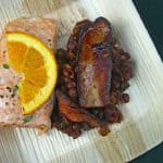 Salmon with baked lentils.
