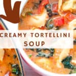 Pin for creamy tomato tortelline soup.
