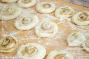 Flattened cinnamon roll covered in plastic wrap to rise.
