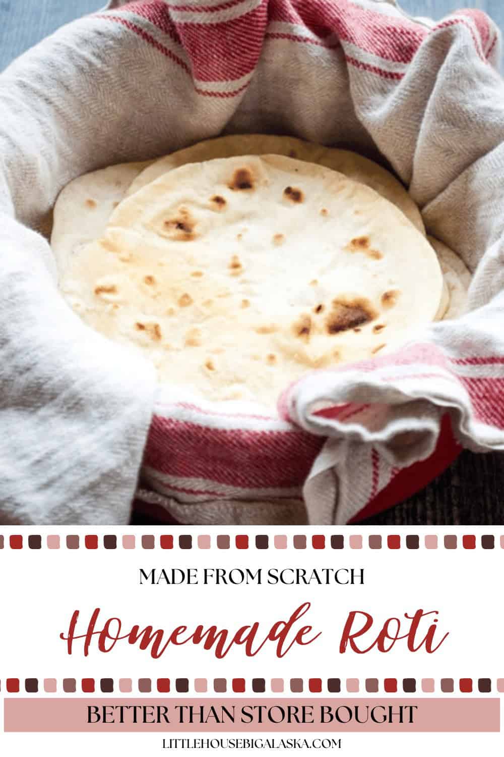 A basket lined with a red and white towel holds several homemade flatbread roti. Text on the image reads “Homemade Roti, Made from Scratch, Better Than Store Bought.”.