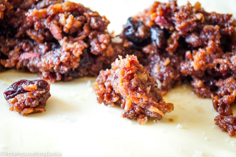 Filling added to the dough.