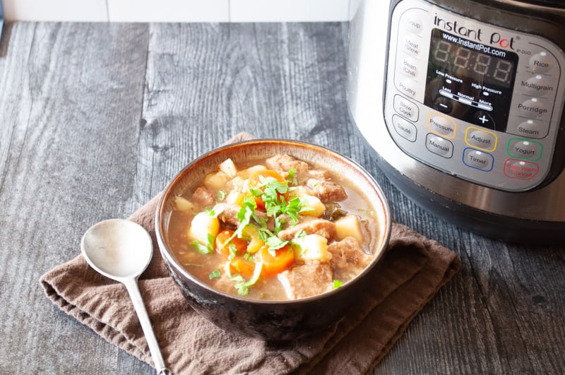 A bowl of beef stew in front of the instant pot.