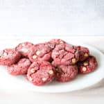 A platter of freshly baked red velvet cake mix cookies.